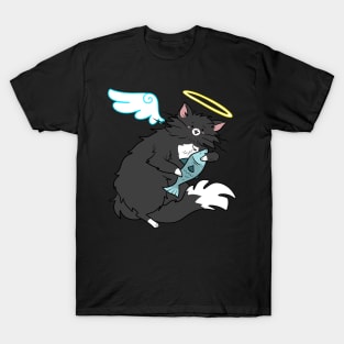 Fluffy Black Tuxedo Cat Angel T-Shirt